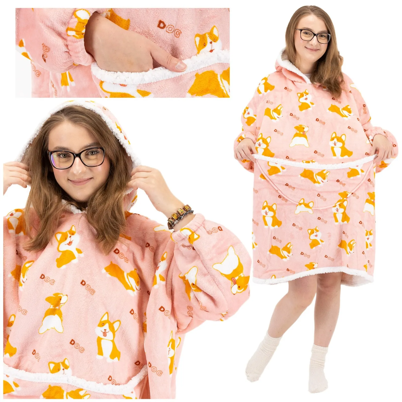 Bluza koc damska 2w1 kocobluza z kapturem ciepła oversize szlafrok futrzak pieski corgi