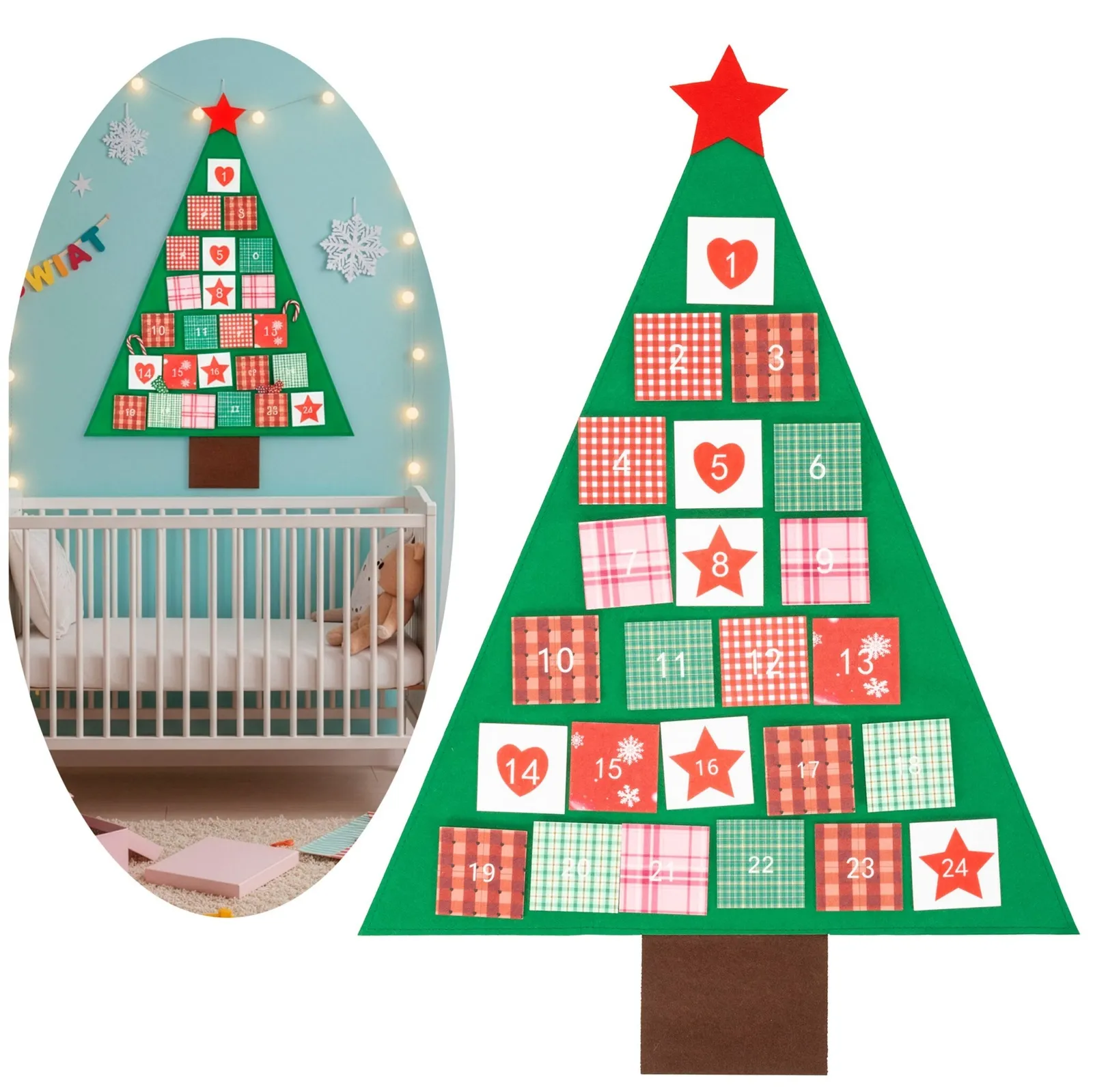 Kalendarz adwentowy, świąteczny Choinka dekoracja na ścianę 102 cm filc, multikolor