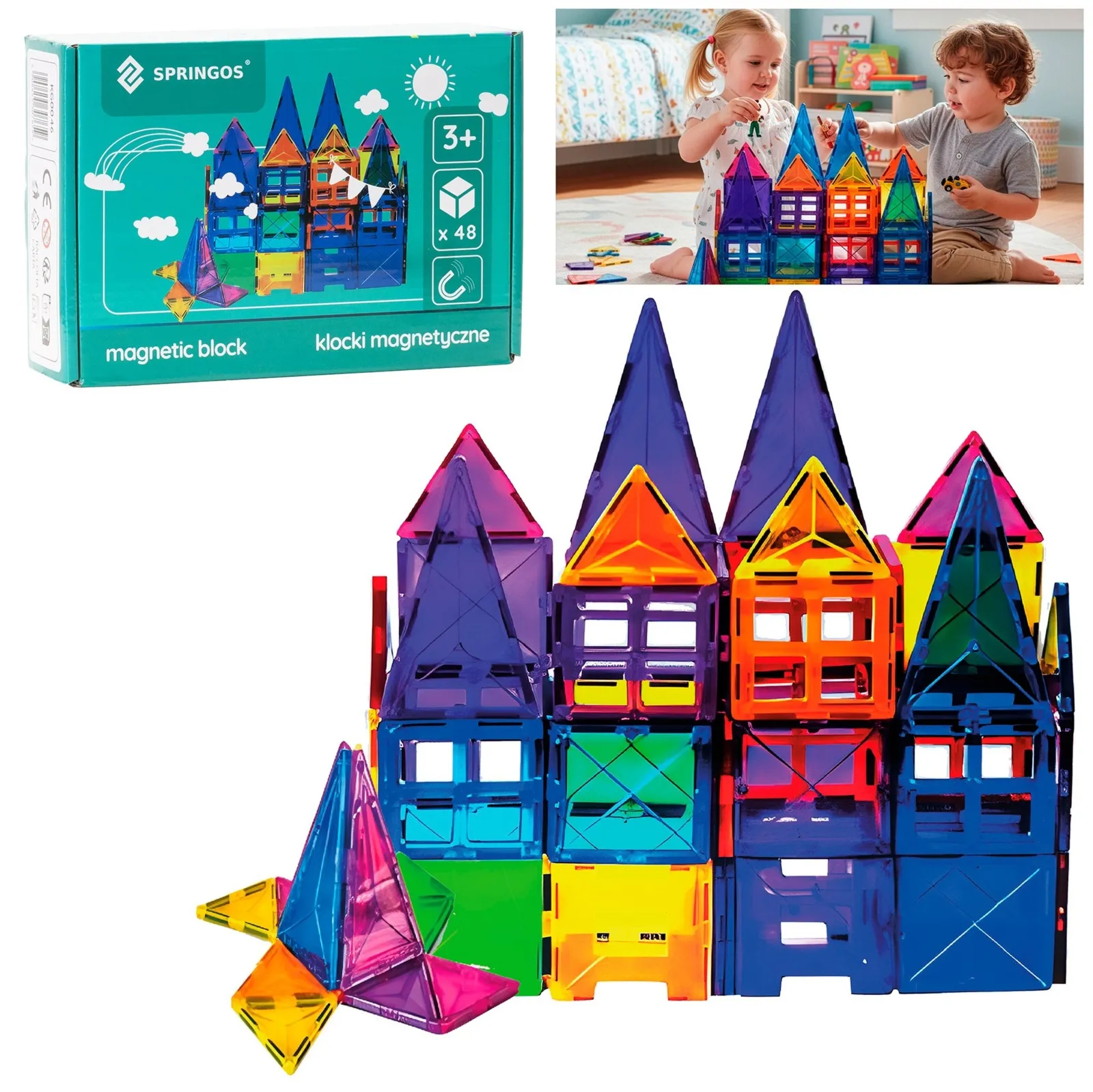 Klocki magnetyczne dla dzieci 48 szt. klocki konstrukcyjne 3D kolorowe edukacyjne
