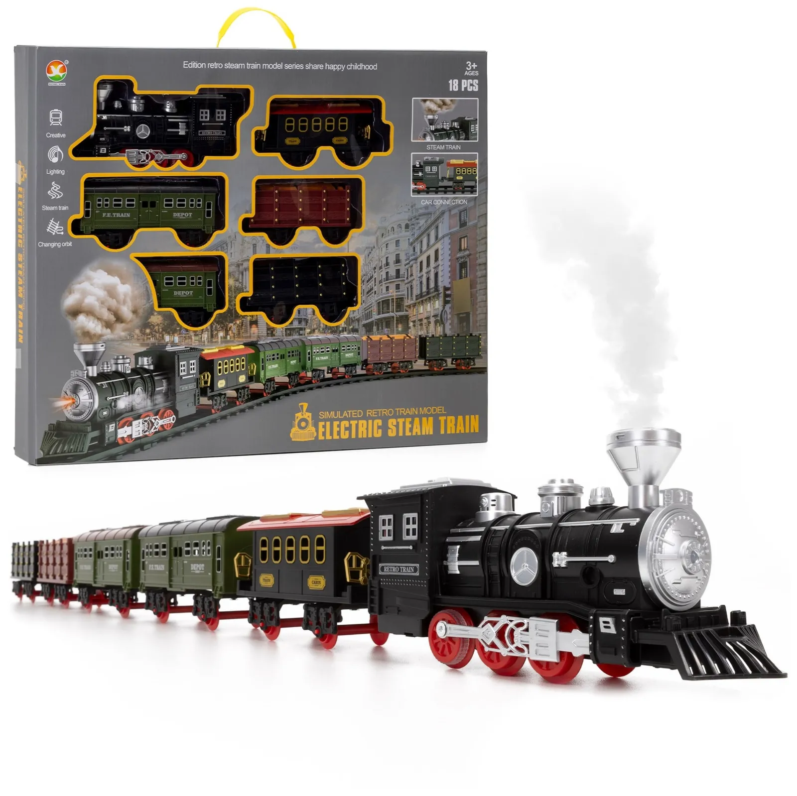Lokomotywa parowa z mgiełką, dźwiękiem i torami, pociąg z wagonami, zabawka interaktywna dla dzieci