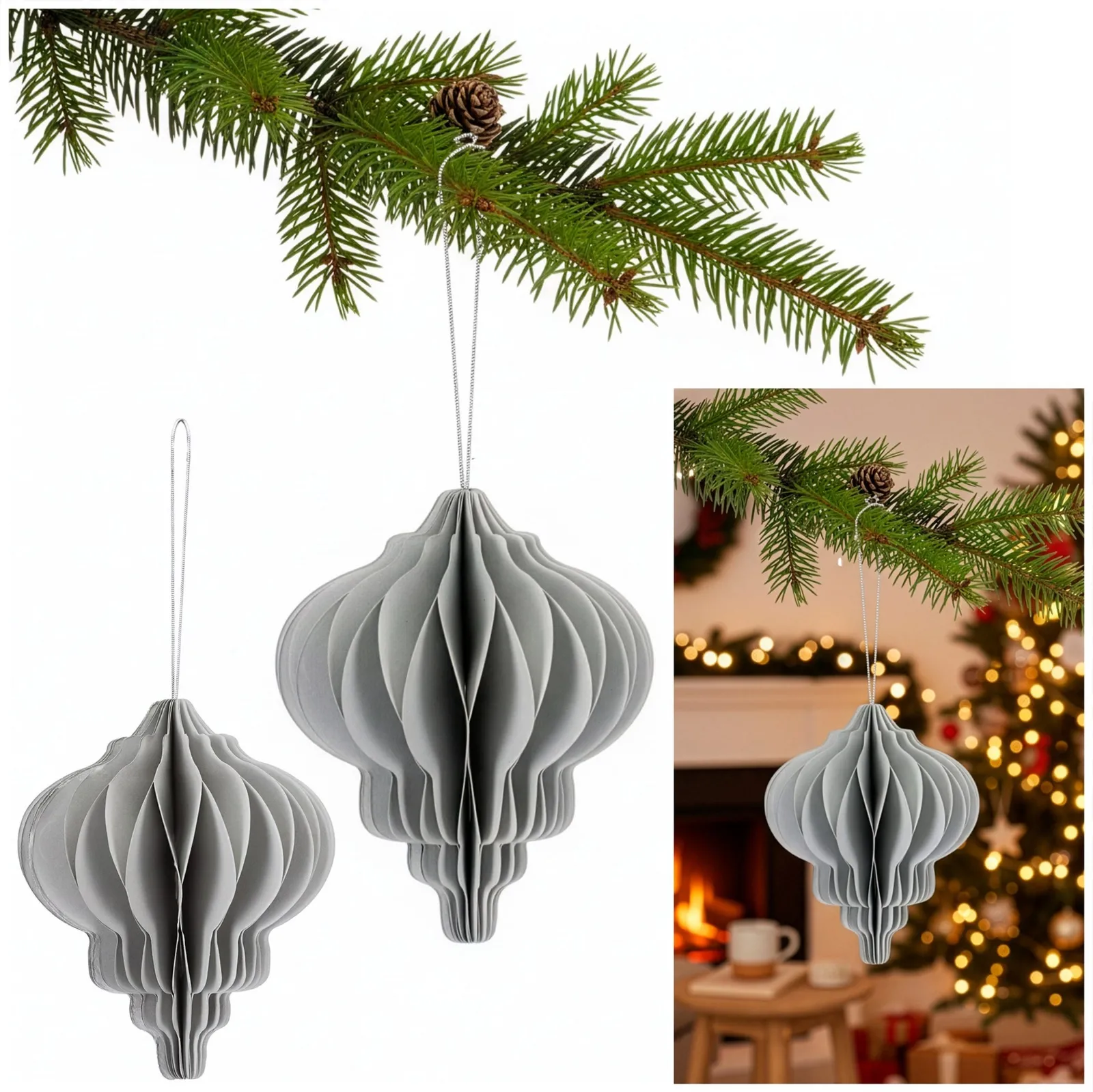 Bombki papierowe komplet 6 szt. ozdoby choinkowe 12,5 cm zawieszki rozkładane szare