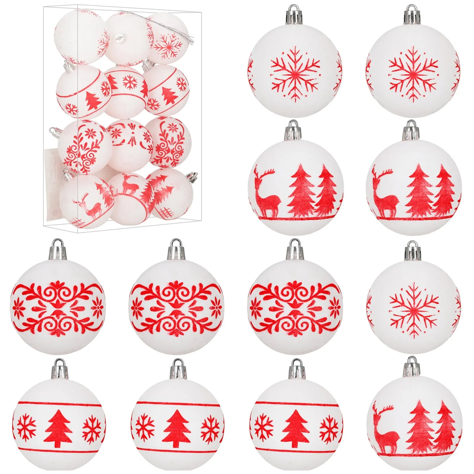 Bombki choinkowe 12 szt. 7 cm komplet ozdoby świąteczne, matowe białe z zdobieniami