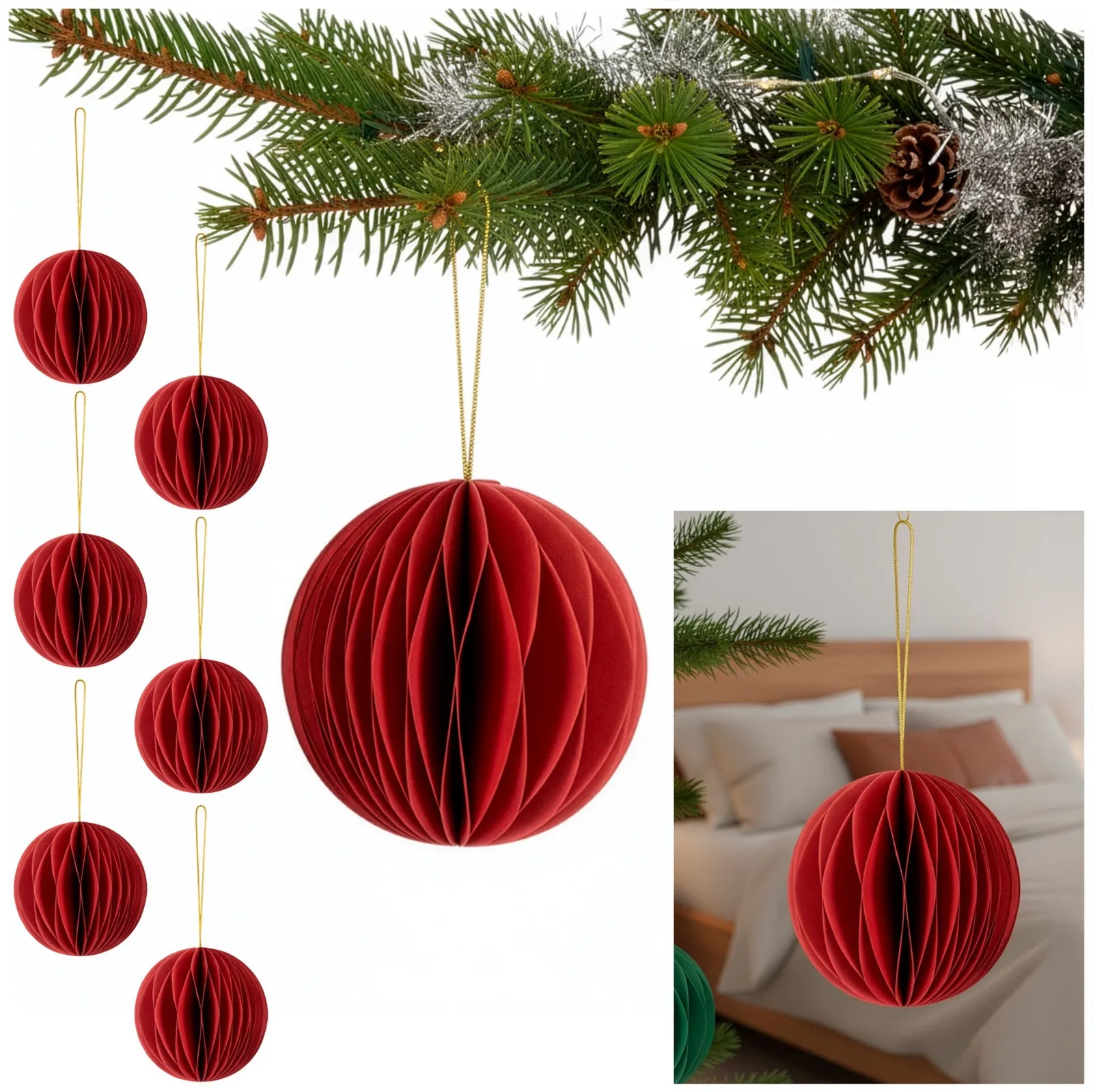 Bombki papierowe komplet 6 szt. ozdoby choinkowe 8 cm zawieszki rozkładane, czerwone