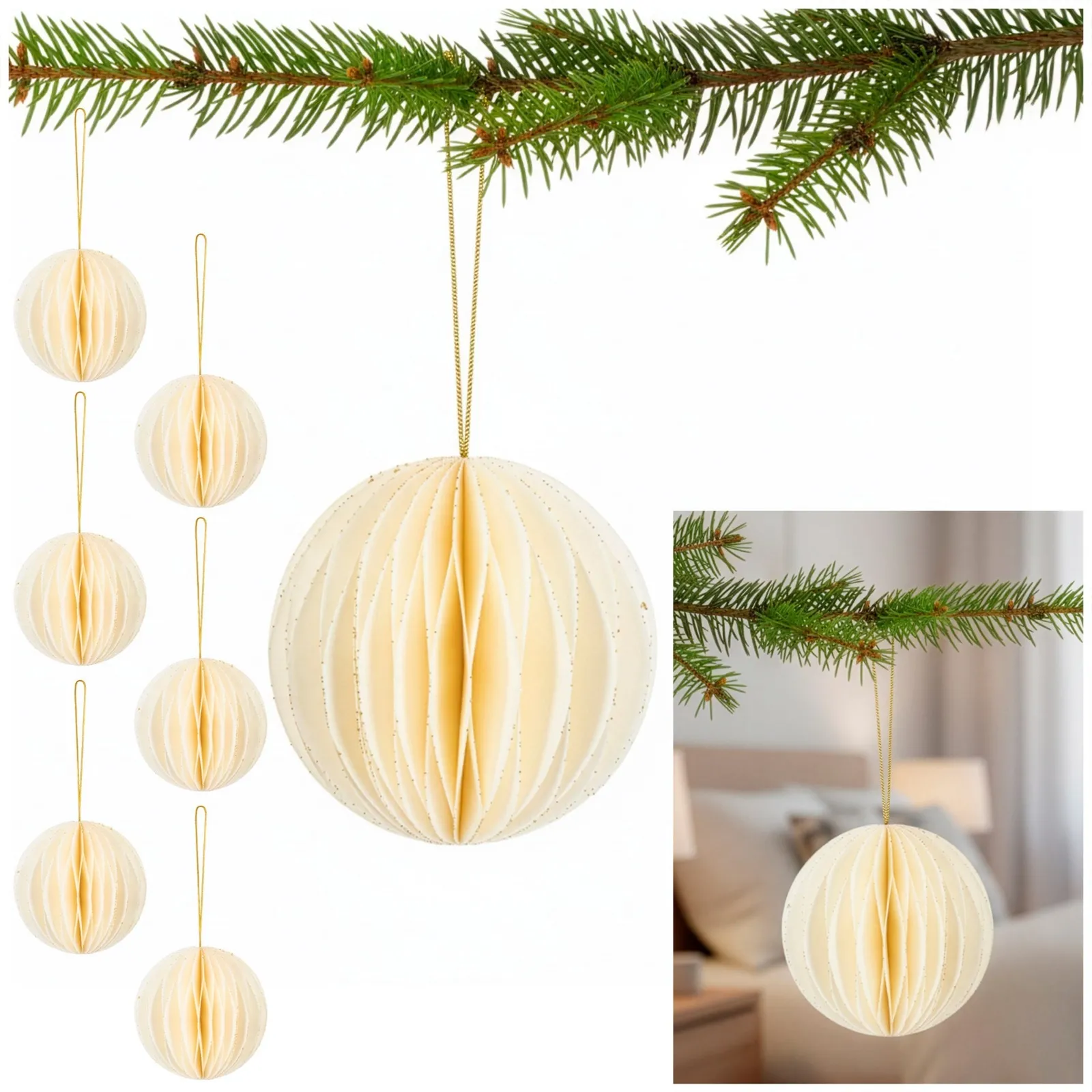 Bombki papierowe komplet 6 szt. ozdoby choinkowe 8 cm zawieszki rozkładane, biały