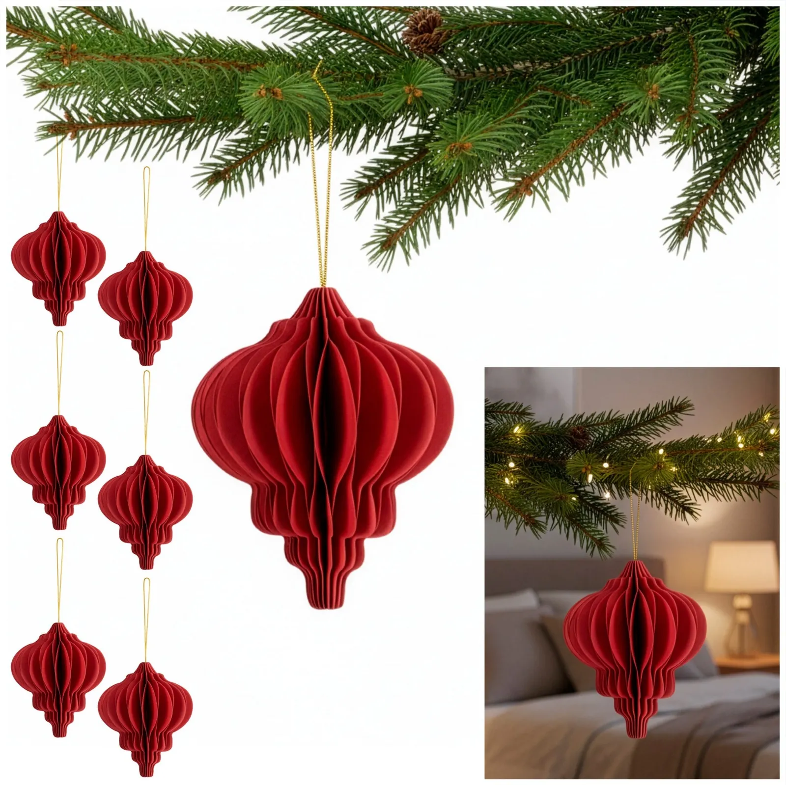 Bombki papierowe komplet 6 szt. ozdoby choinkowe 12,5 cm zawieszki rozkładane, czerwone