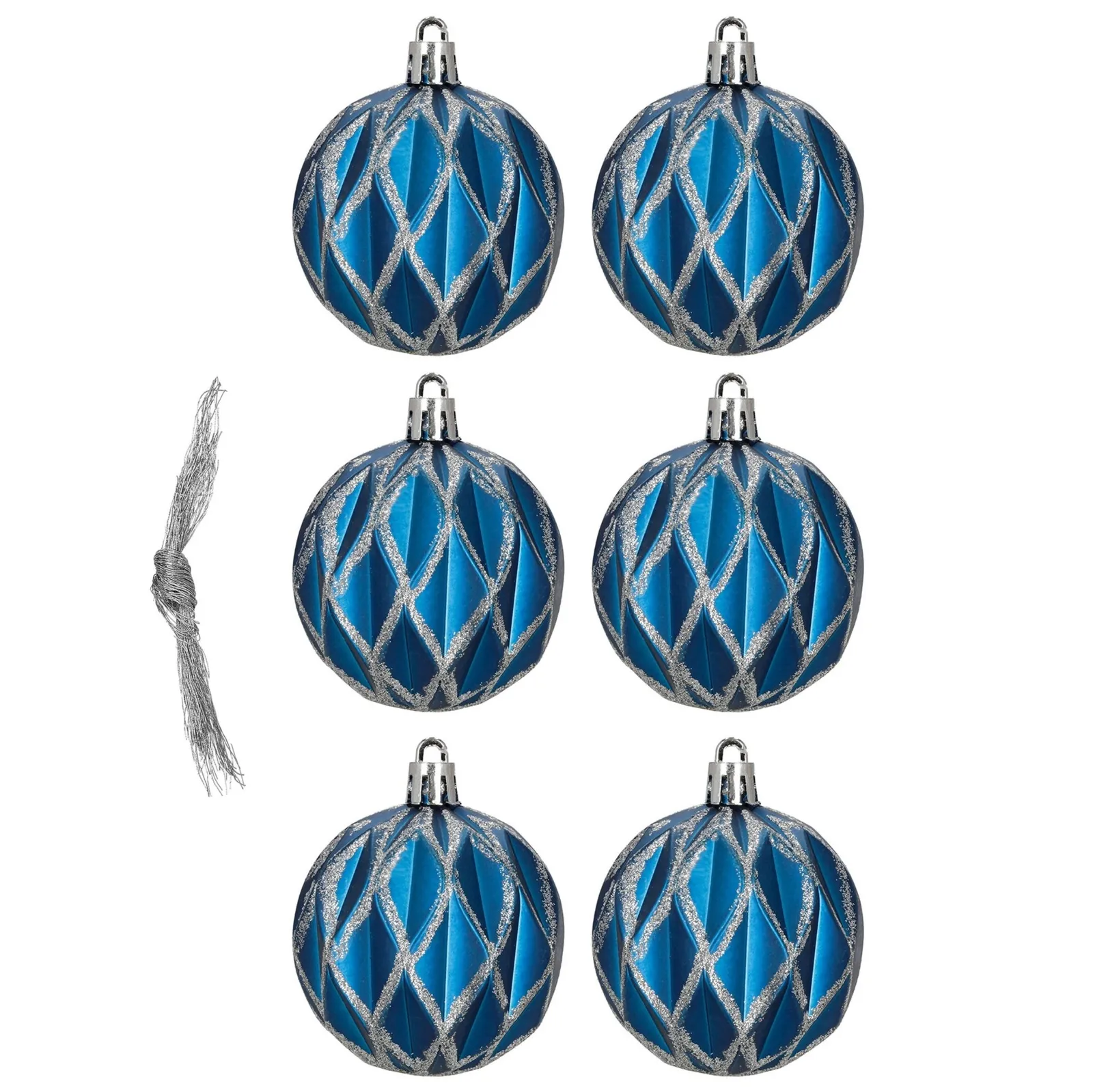 Bombki choinkowe srebrne 6 szt. 7 cm komplet ozdoby świąteczne zdobione matowe, niebiesko-srebrne