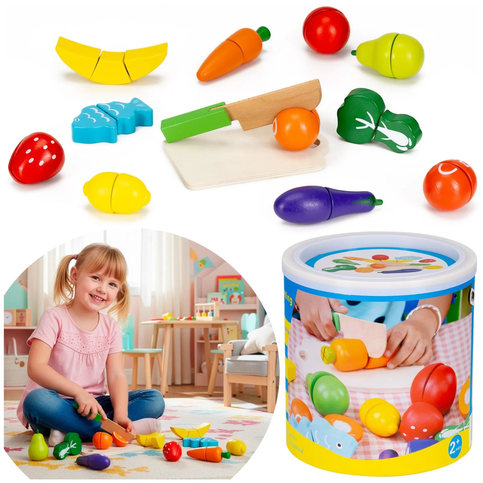 Zestaw warzyw i owoców z deską i nożykiem do krojenia dla dzieci, jedzenie drewniane, kolorowe