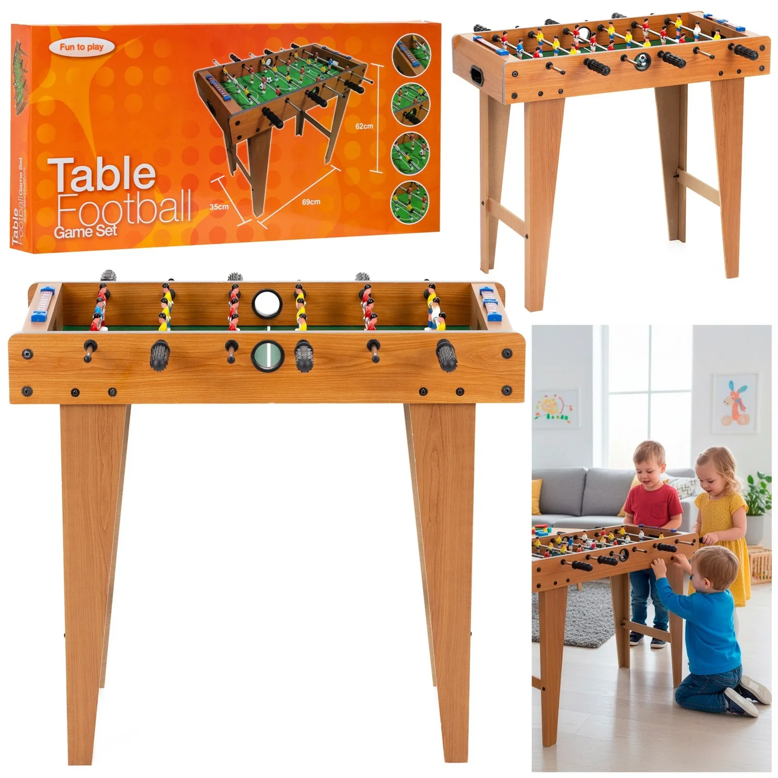 Stół do gry w piłkarzyki z uchwytami, drewniany 69x35 cm gra dla dzieci