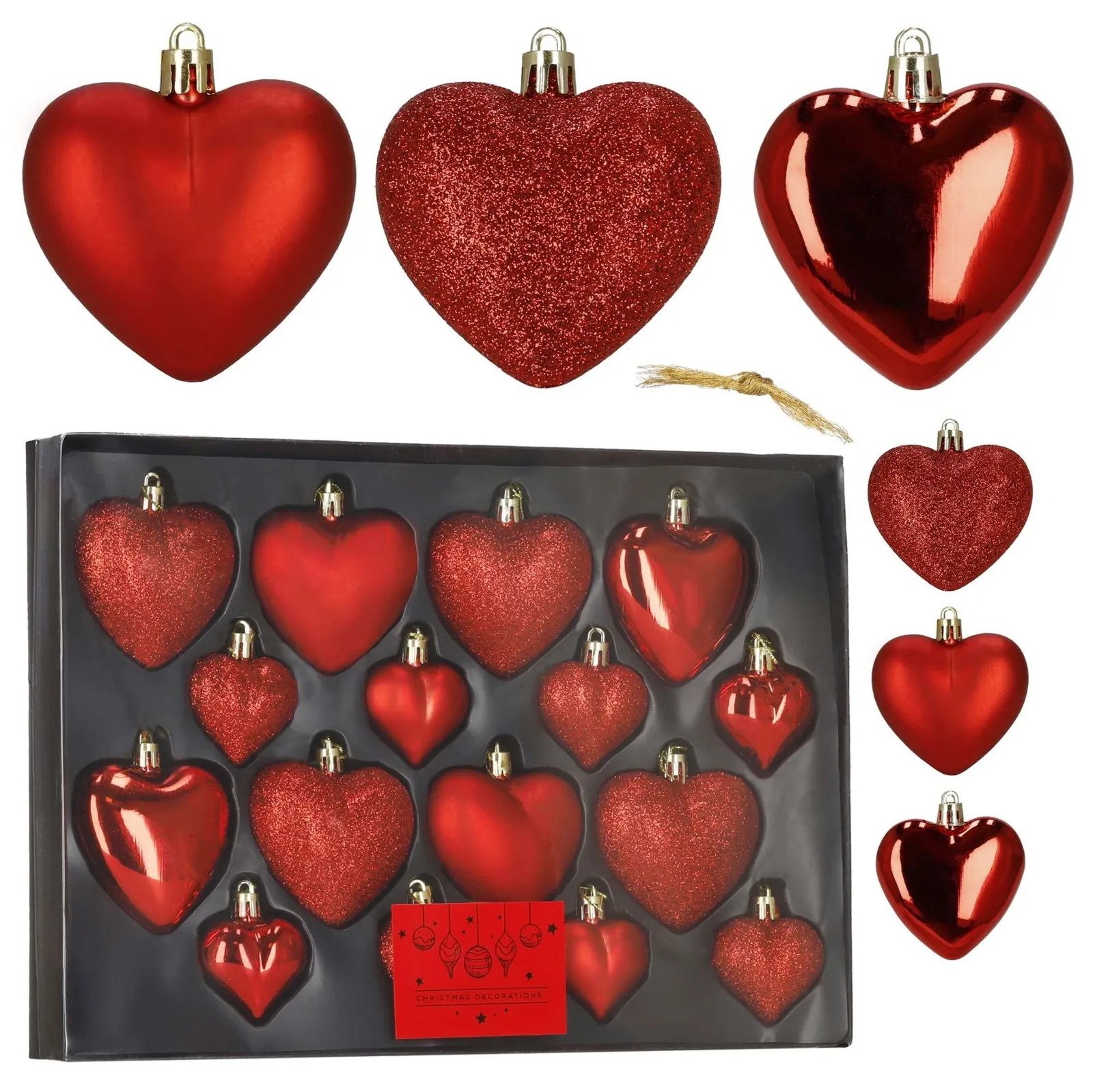 Bombki choinkowe 16 szt. komplet ozdób świątecznych, nietłukące, serca, czerwone