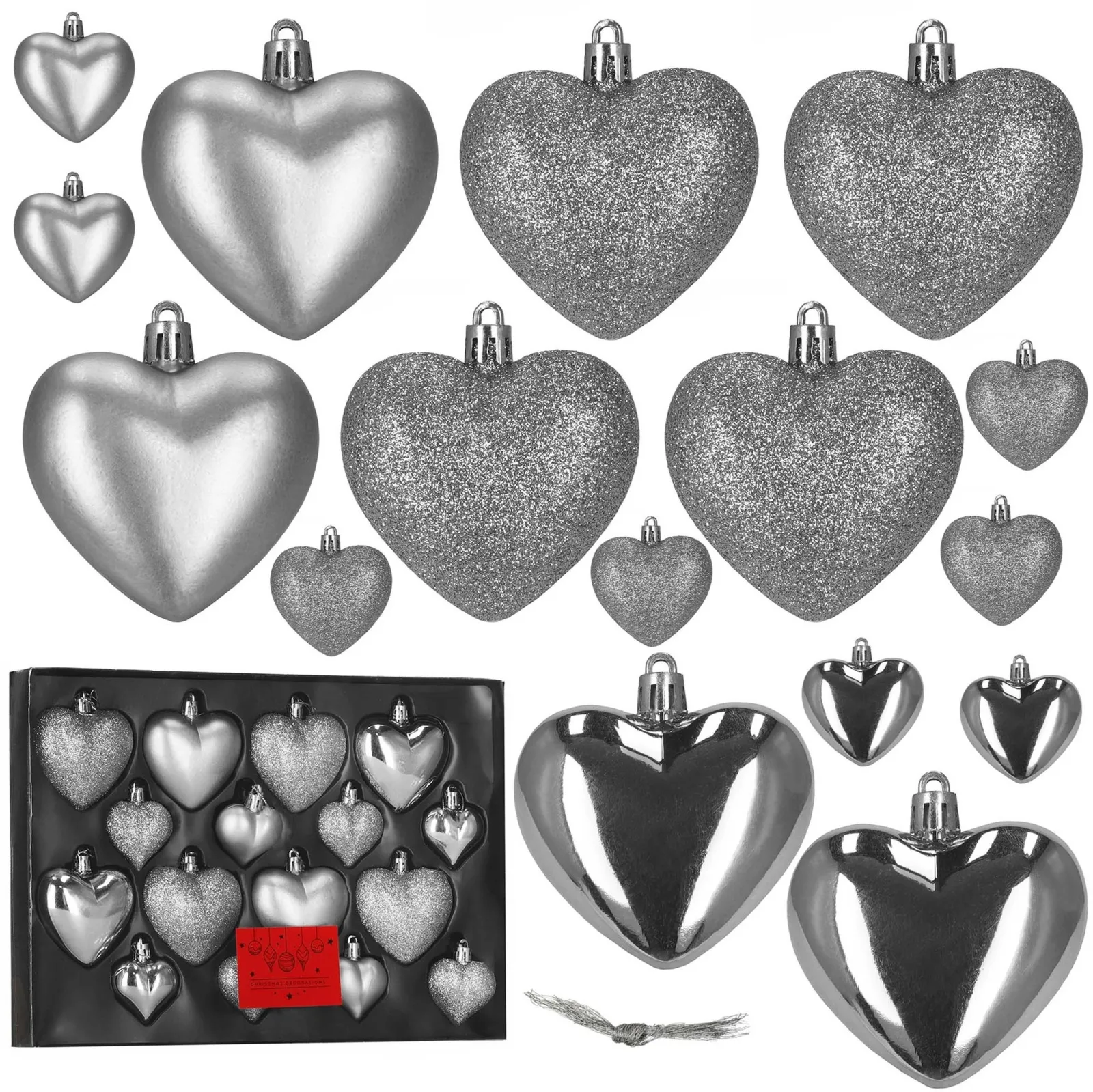 Bombki choinkowe 16 szt. komplet ozdób świątecznych, nietłukące, serca, srebrne
