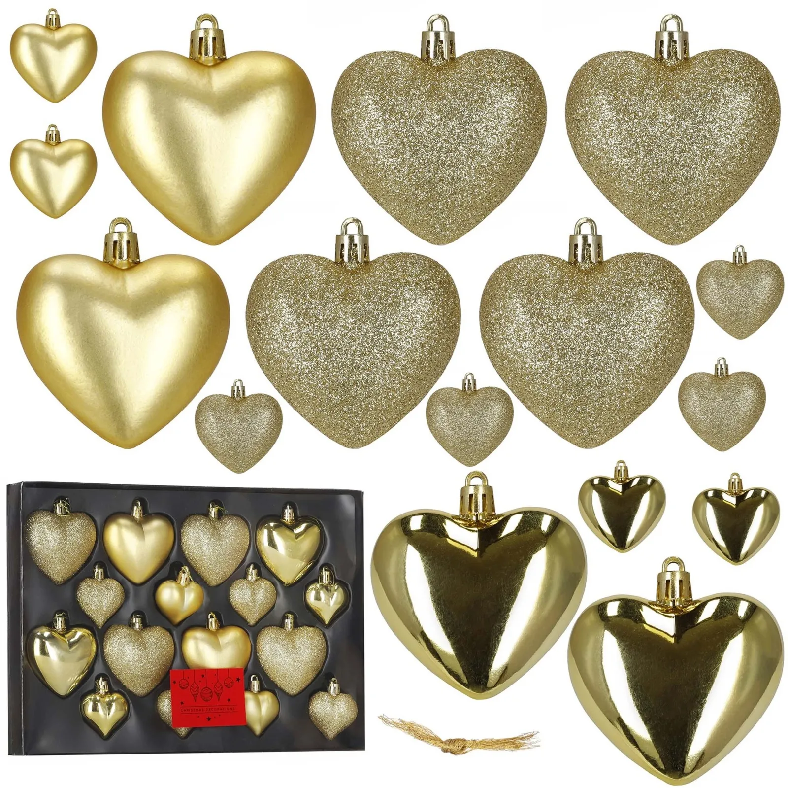 Bombki choinkowe 16 szt. komplet ozdób świątecznych, nietłukące, serca, złote