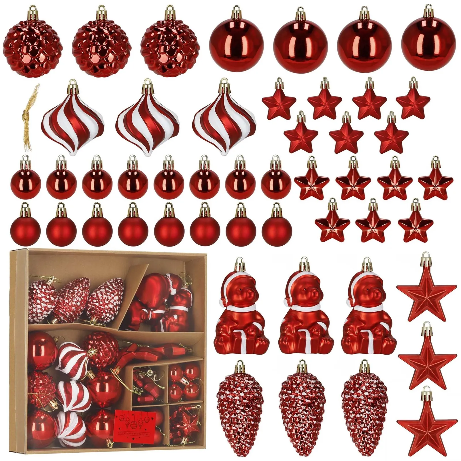 Bombki choinkowe 47 szt. komplet ozdób świątecznych zawieszki nietłukące, czerwony, złoty, biały