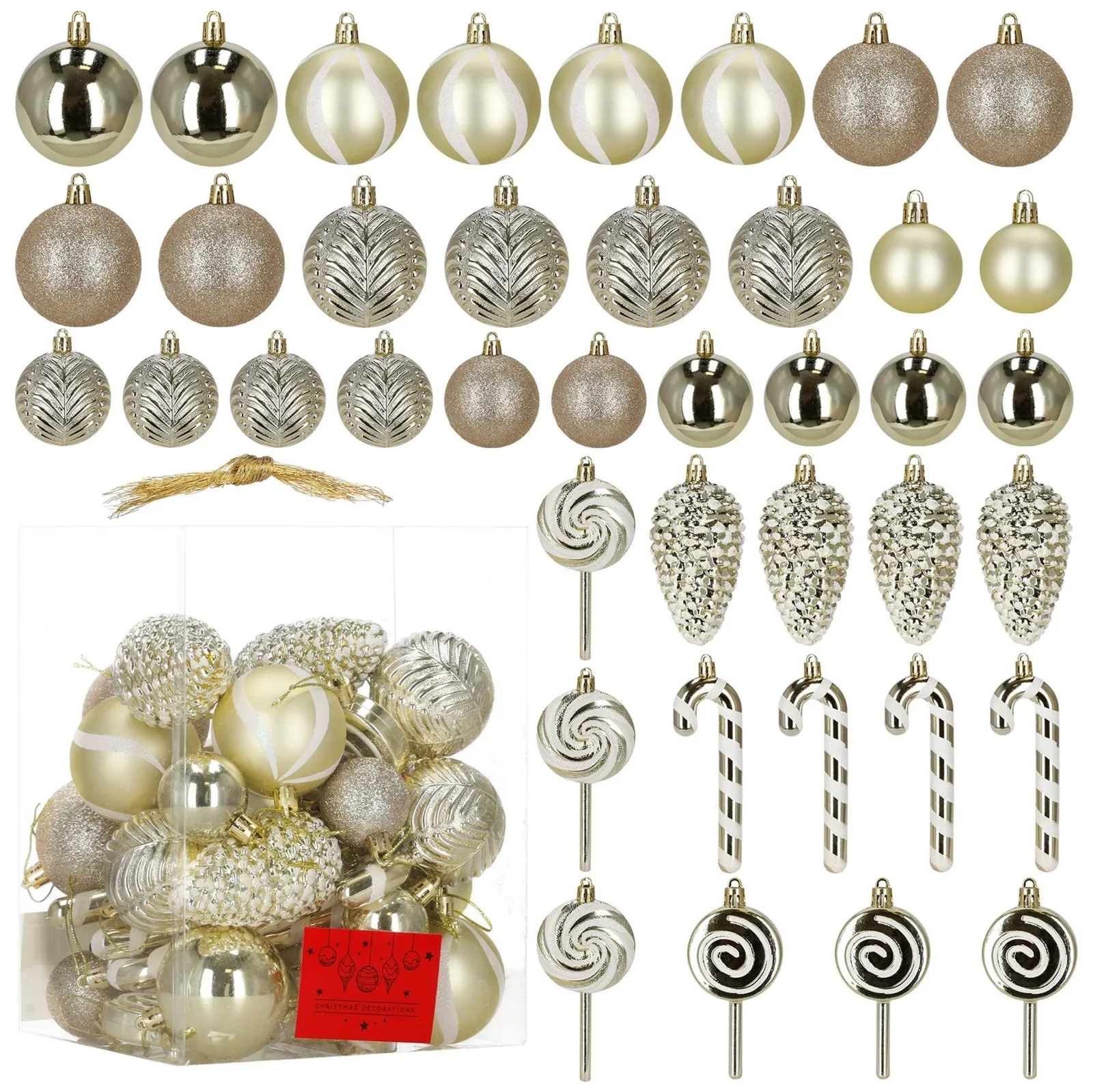 Bombki choinkowe kształtki 40 szt. okrągłe, lizaki, szyszki, laski cukrowe złote