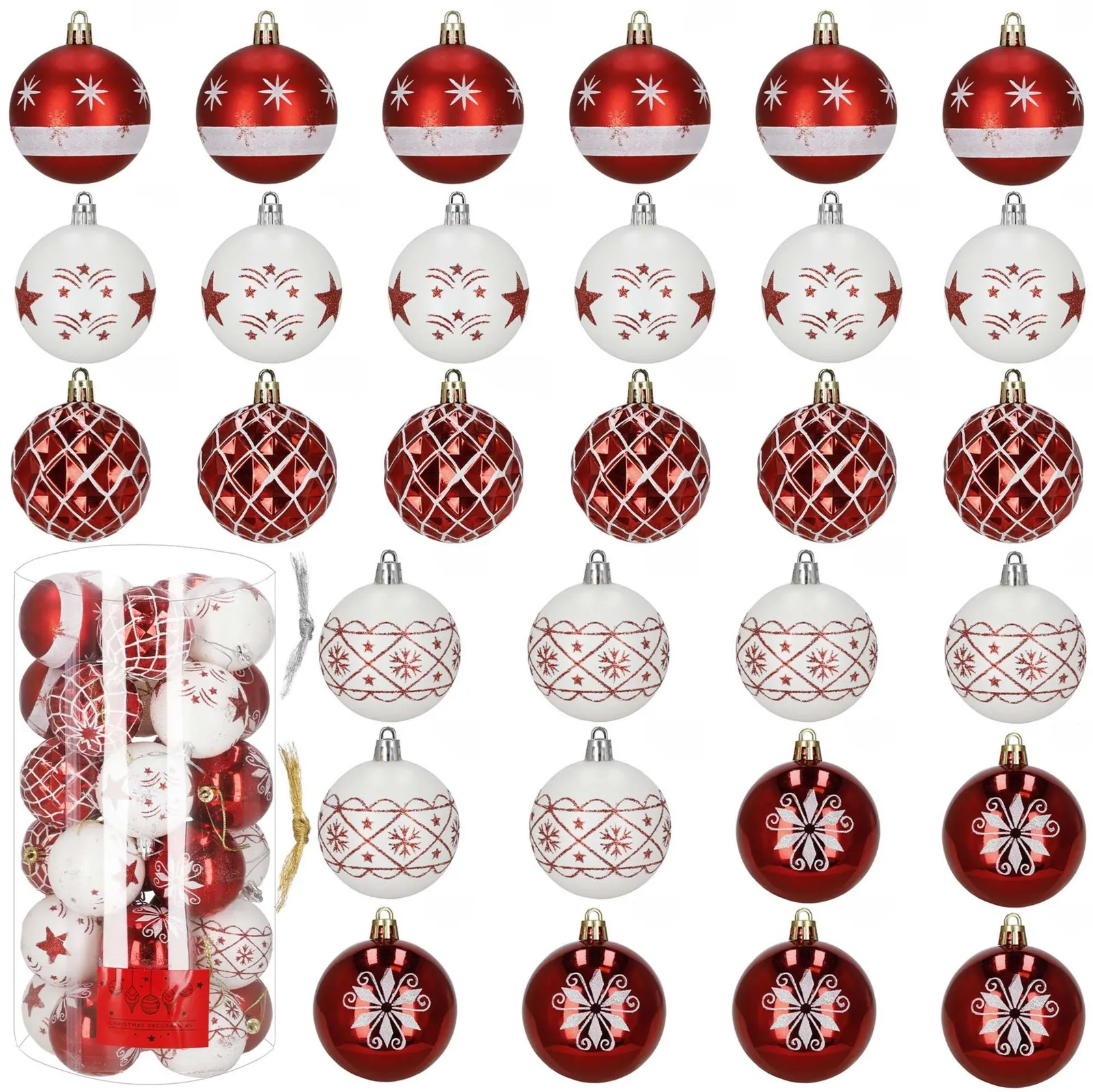 Bombki choinkowe, ozdoby świąteczne do stroika 30 szt. nietłukące, biało-czerwone