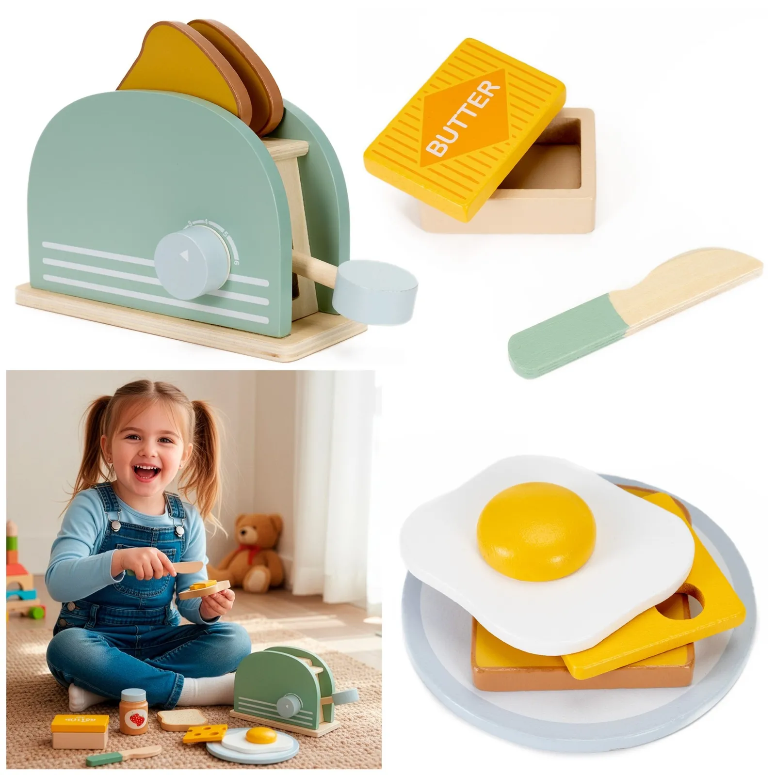 Toster drewniany z akcesoriami śniadaniowymi: jajko, tost 9 el. zabawka dla dzieci, multikolor