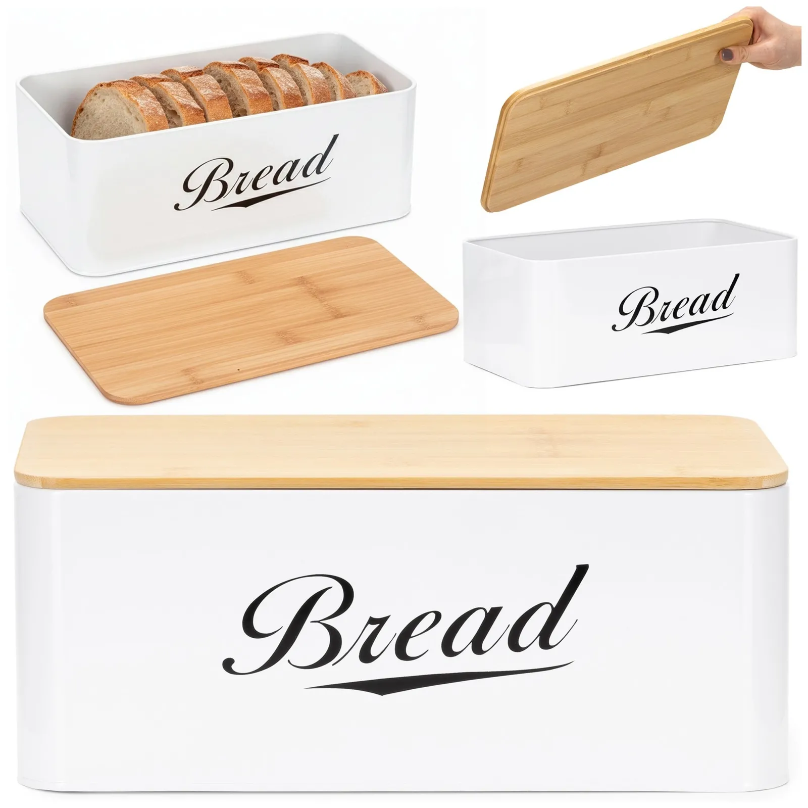 Chlebak metalowy 33x18x14 cm pojemnik zamykany na pieczywo, bambusowa deska, biały
