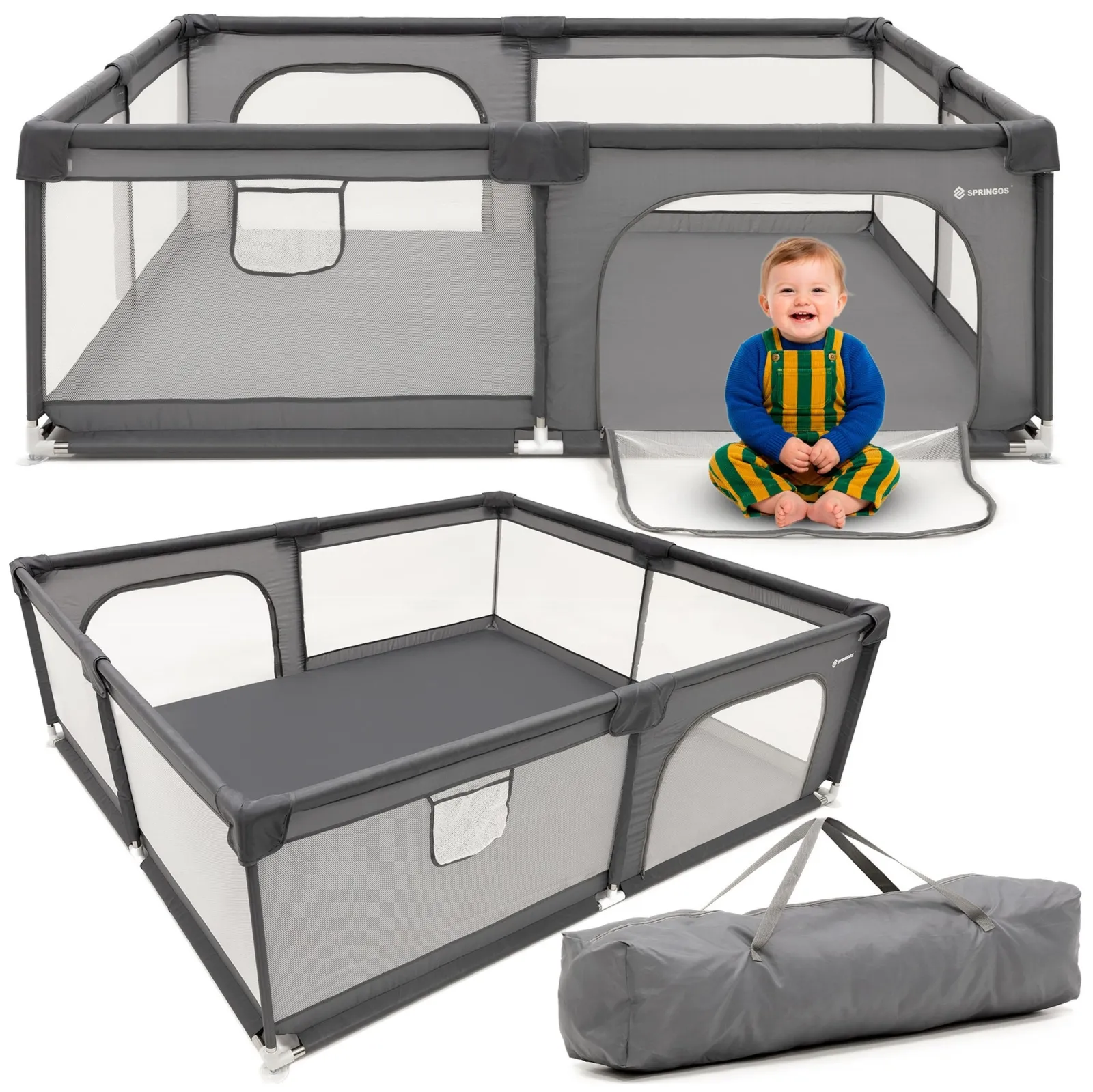 Kojec dziecięcy, zamykany 180x150x66 cm składany, turystyczny, szary