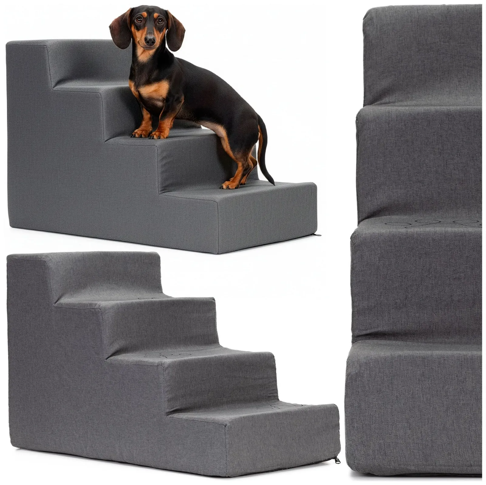 Schody dla psa 4 stopnie 40 cm podest, miękka rampa dla kota schodki ciemnoszare