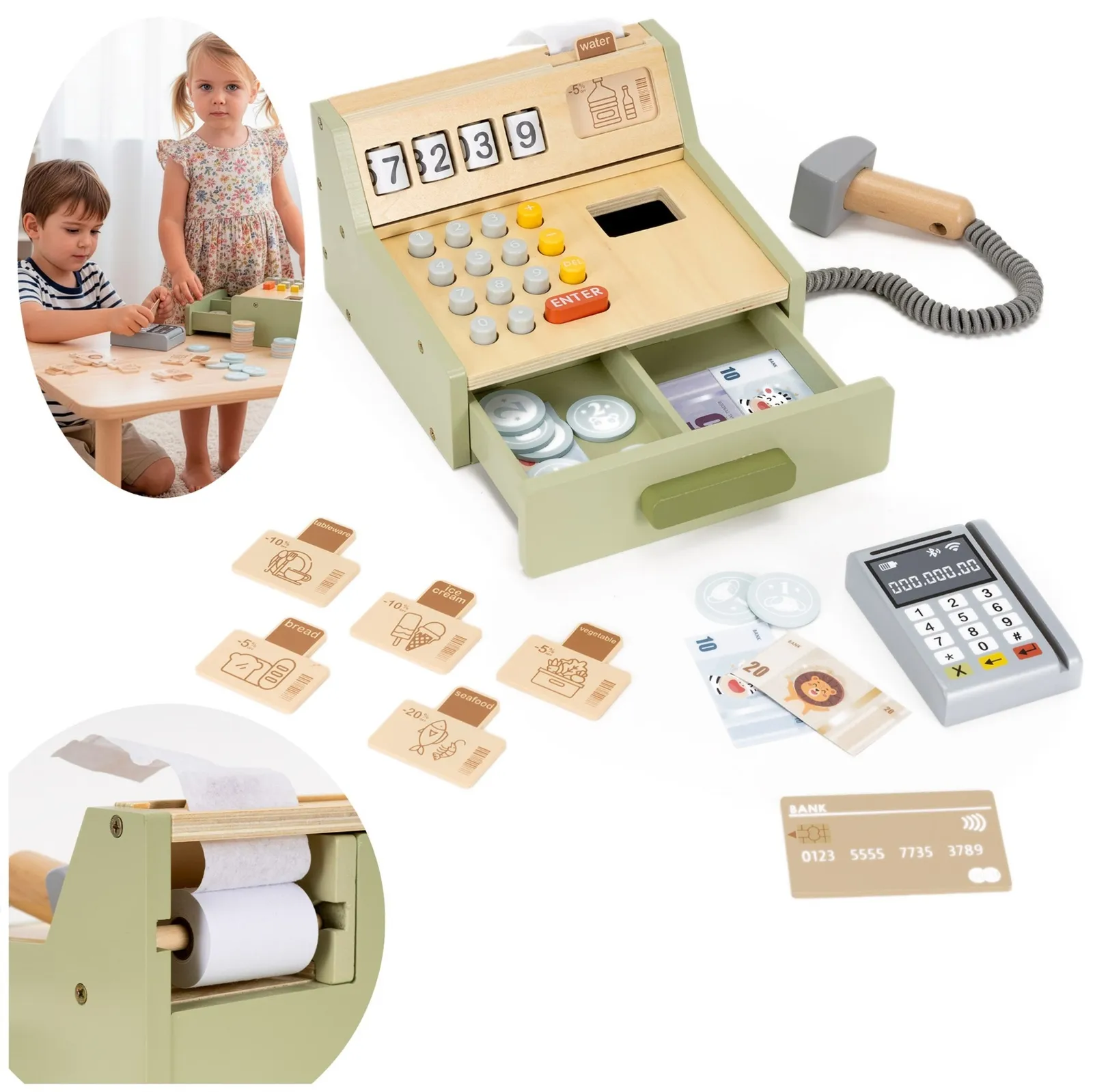 Kasa sklepowa, zabawkowa z kartą, terminalem i banknotami dla dzieci, multikolor