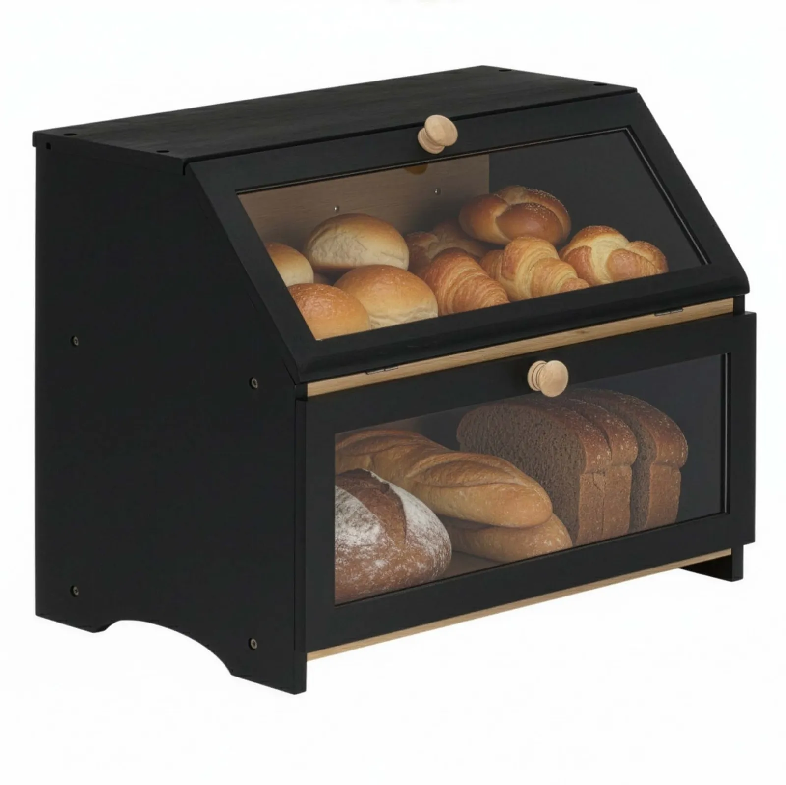 Chlebak zamykany, dwupoziomowy, szafka na pieczywo, pojemnik na chleb, bambusowy, czarny