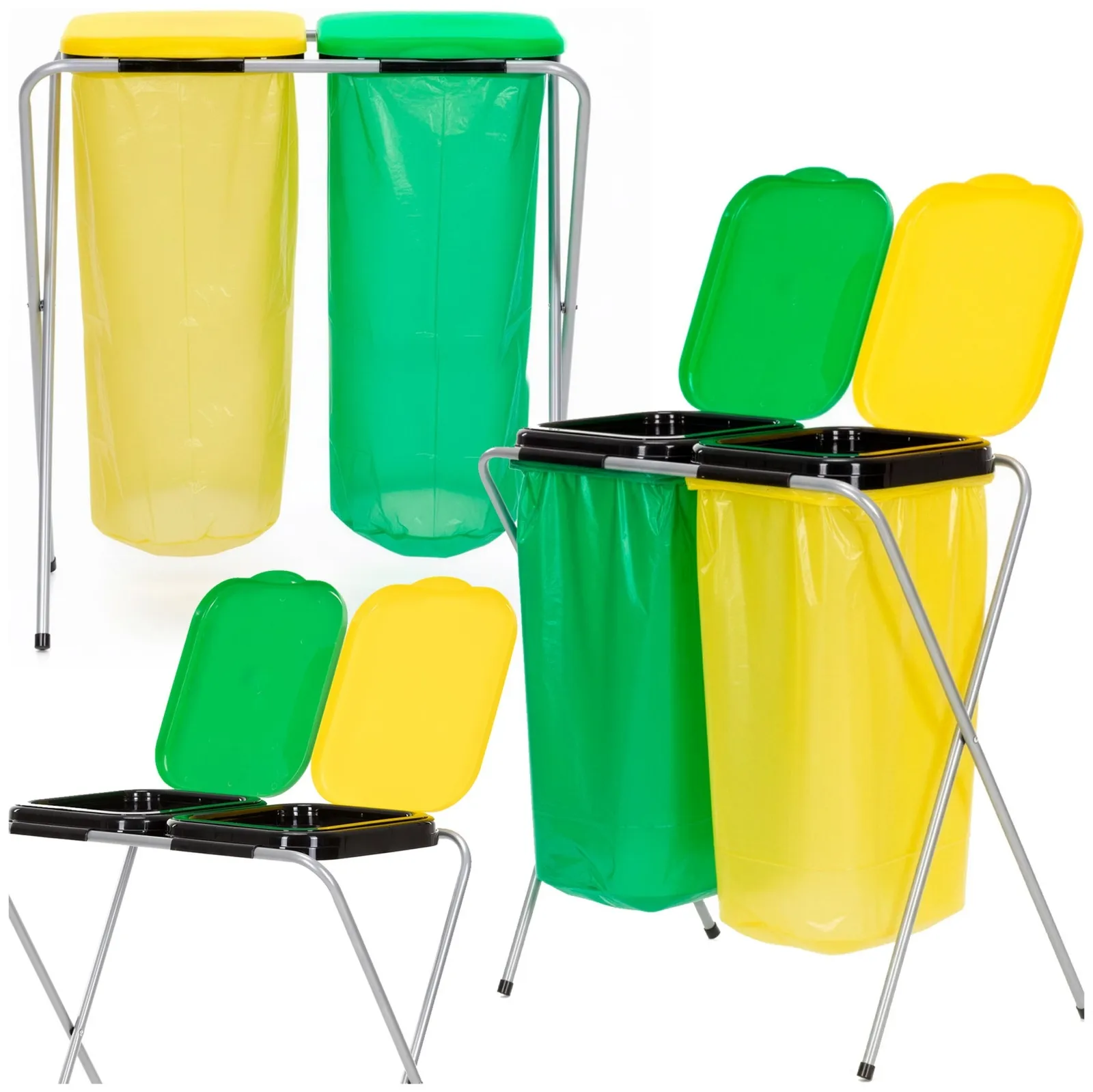 Stojak z pokrywami na dwa worki do segregacji odpadów, kosz na śmieci na stelażu