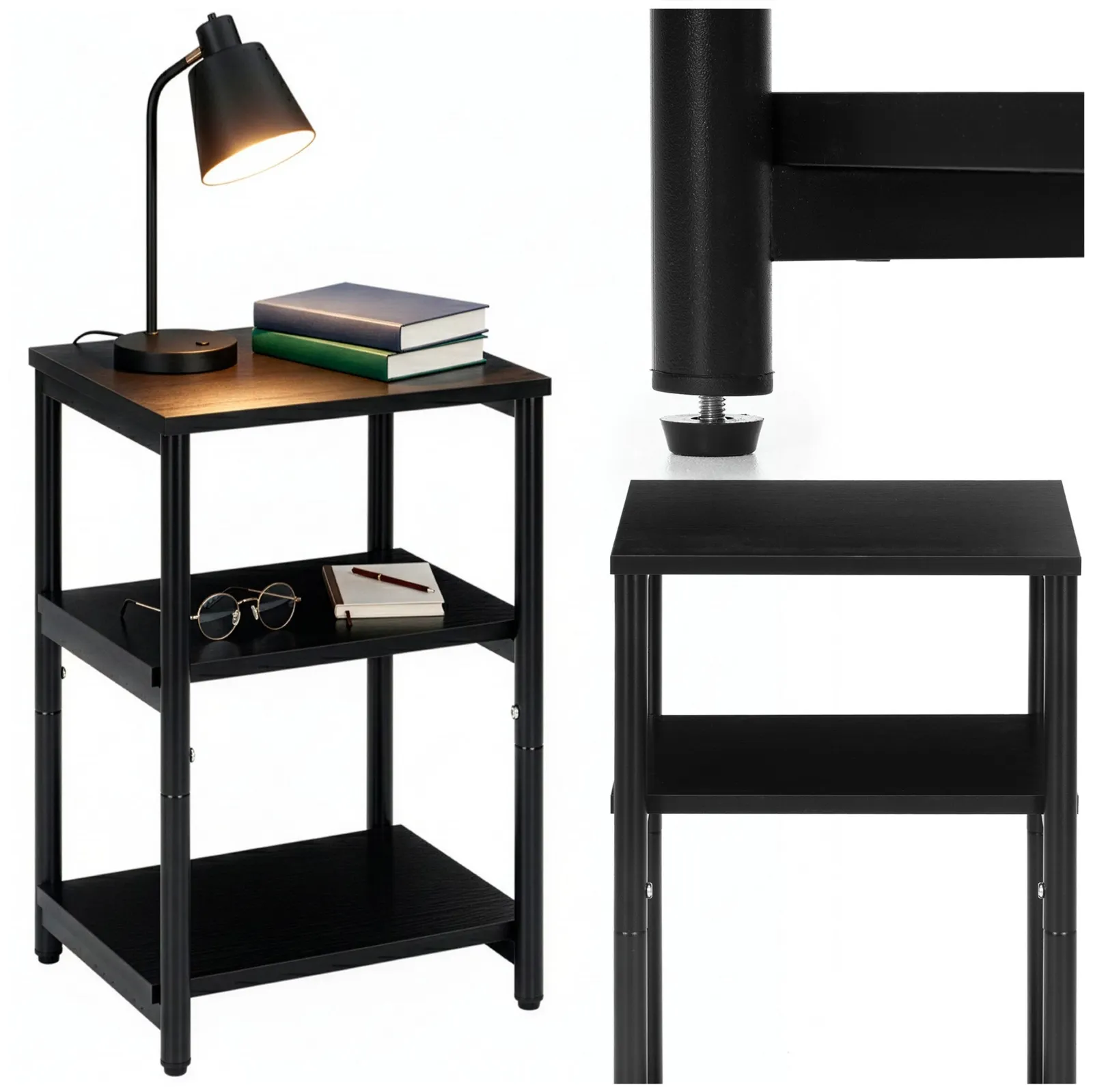 Szafka nocna, regał z trzema półkami, mebel do sypialni 59 cm czarny