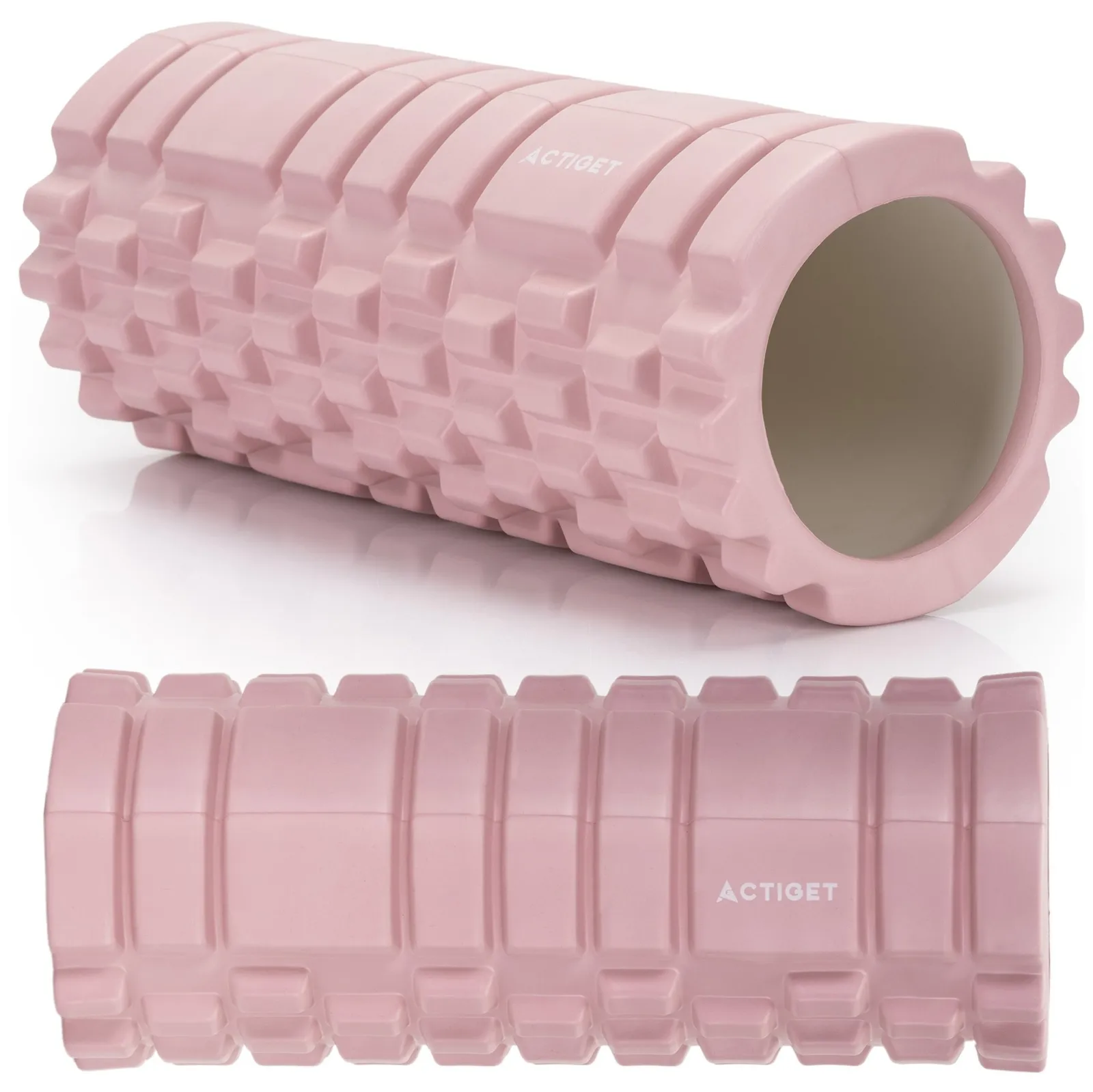 Roller fitness do masażu ciała, średnio twardy, wałek z wypustkami, różowy