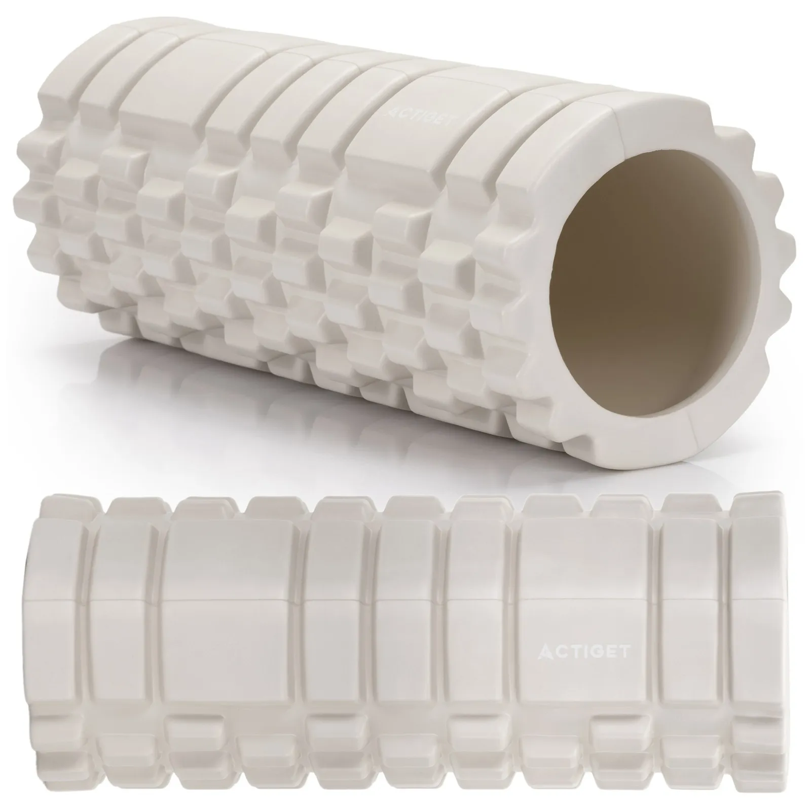 Roller fitness do masażu ciała, średnio twardy, wałek z wypustkami, jasny beż