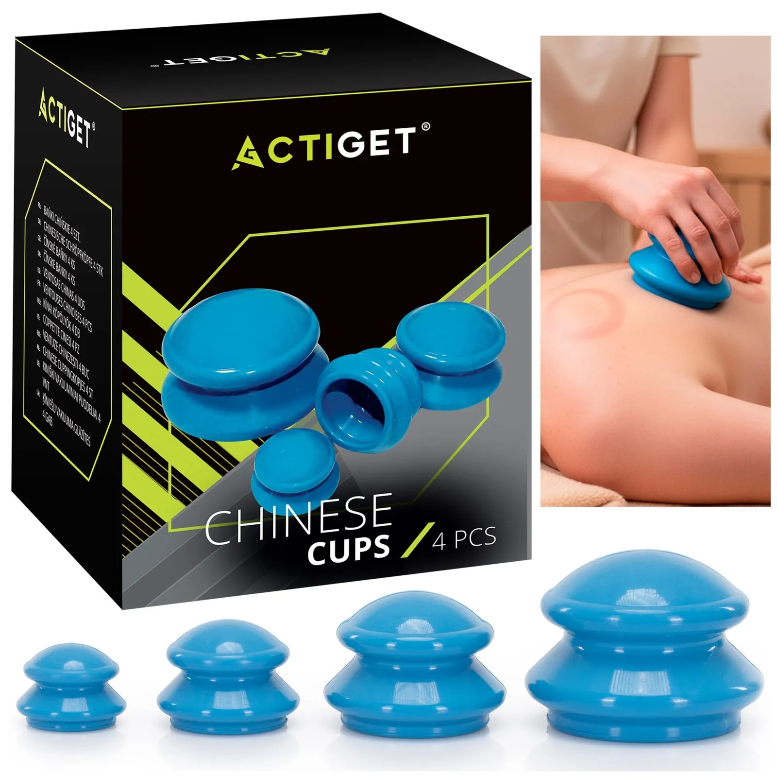 Bańki chińskie do masażu i pielęgnacji ciała, zestaw 4 rozmiarów, gumowe, niebieskie