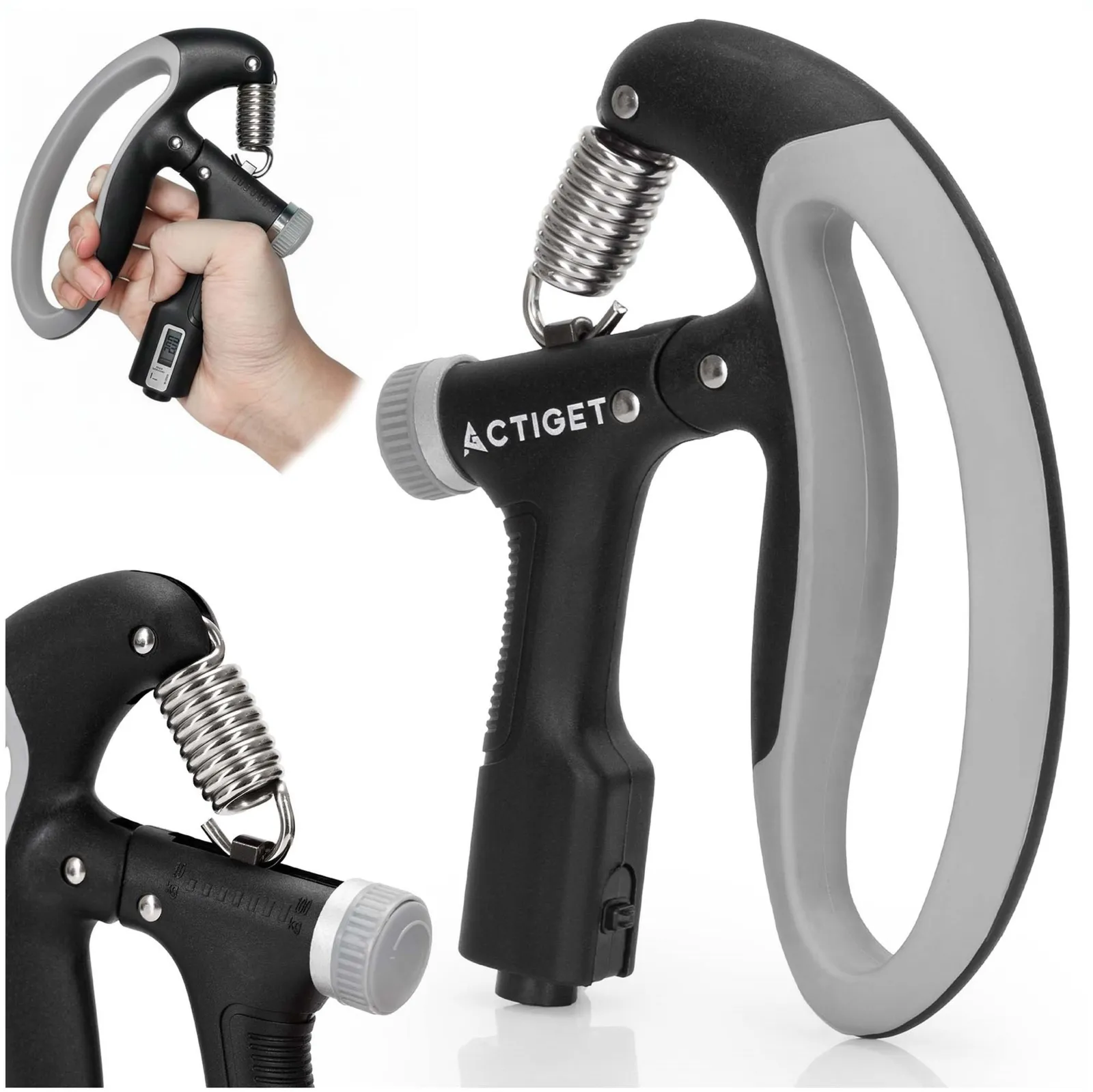 Ściskacz do rąk do ćwiczeń i rehabilitacji z licznikiem ruchów, opór 10-100 kg treningowy, czarno-szary