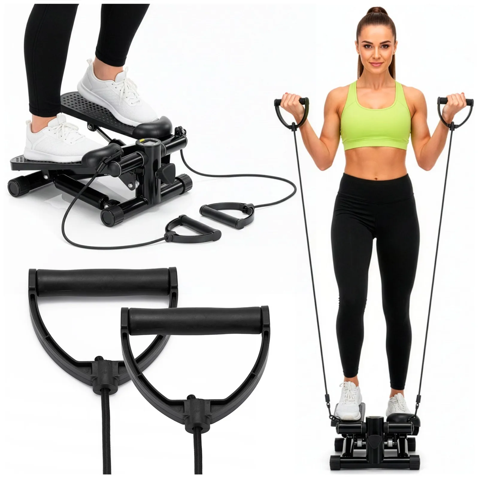 Stepper treningowy z ekspanderami do ćwiczeń, licznik kroków i kalorii, czarny