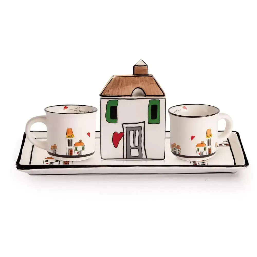 Zestaw 2 mini kubków z cukiernica i tacką Le Casette Egan Italy