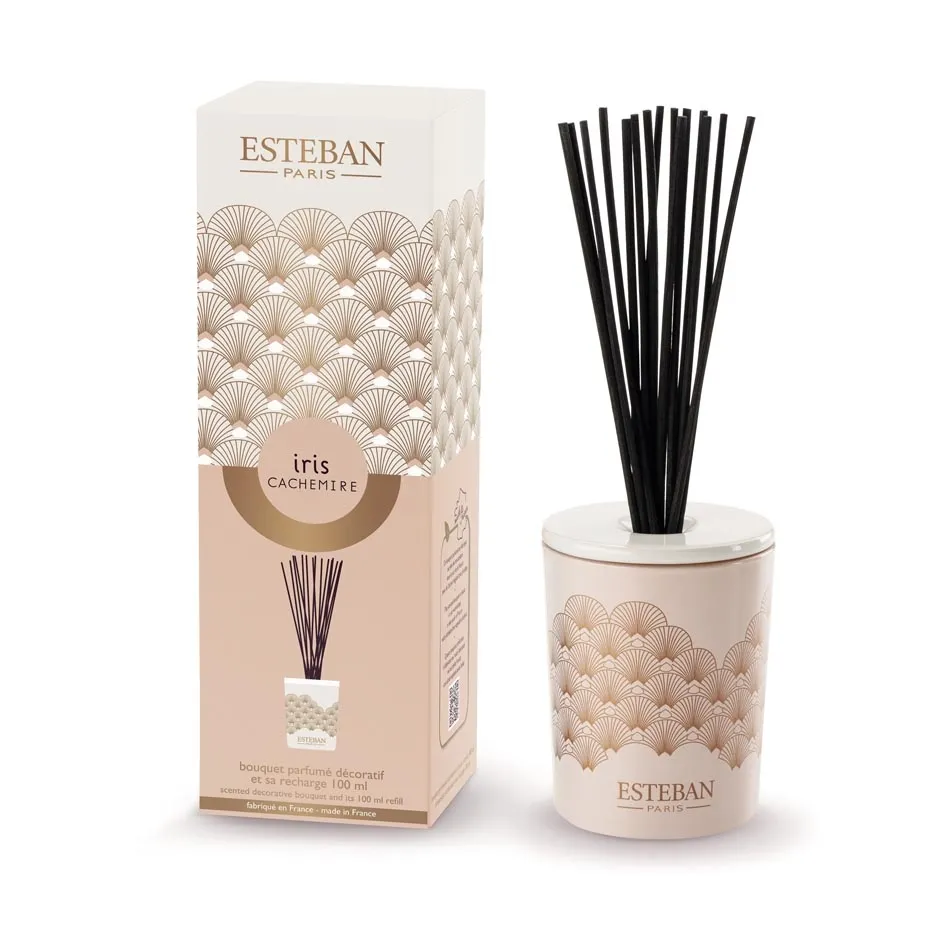 Dyfuzor zapachowy z patyczkami (100 ml) Iris Cachemire + ceramiczna przykrywka Esteban