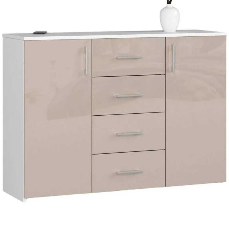 Komoda do sypialni, drzwi, 4 szuflady, 110x35x80 cm, biel, cappuccino, połysk