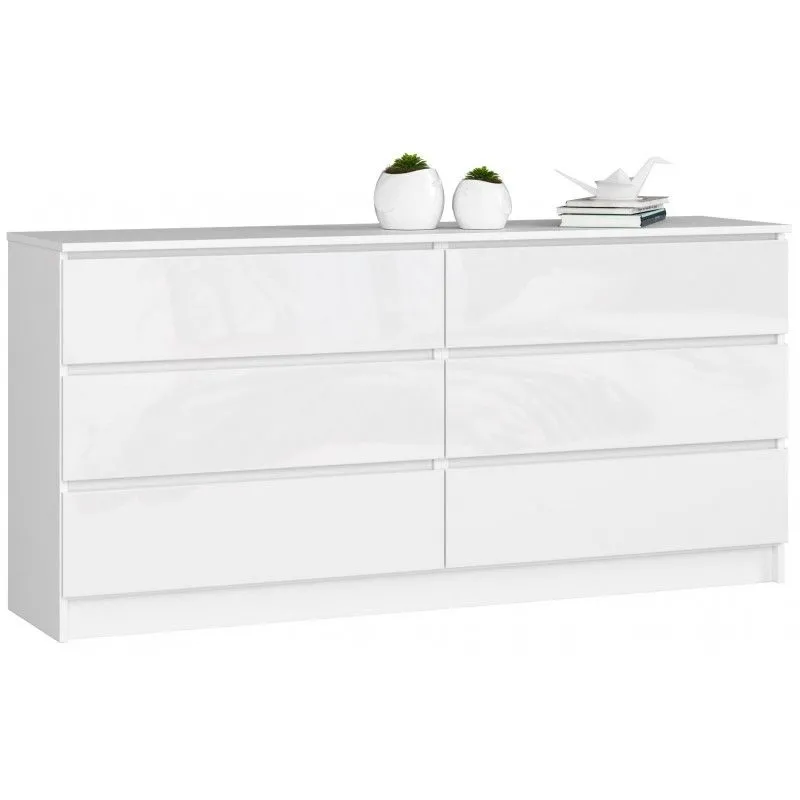 Komoda do sypialni, 6 szuflad, 160x40x77 cm, biel, połysk