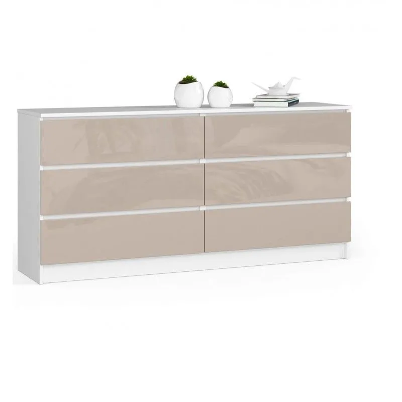Komoda do sypialni, 6 szuflad, 160x40x77 cm, biel, cappuccino, połysk
