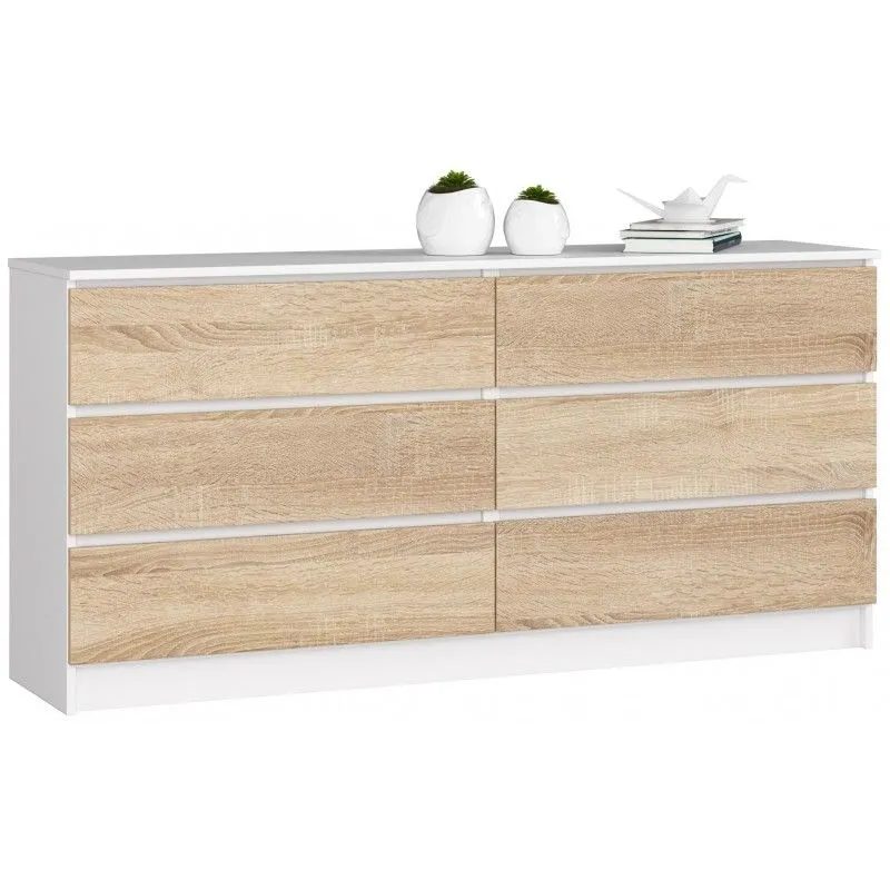 Komoda do sypialni, 6 szuflad, 160x40x77 cm, biel, dąb sonoma, mat