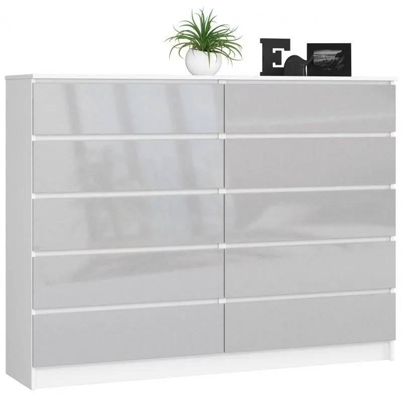 Komoda do sypialni, 10 szuflad, 160x40x121 cm, biel, metalik, połysk
