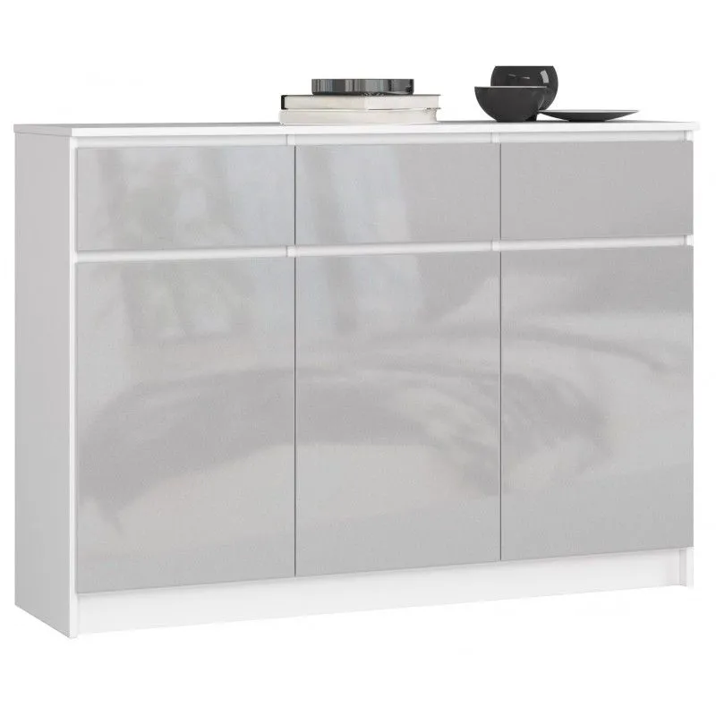 Komoda, 3 szuflady, 3 drzwi, 140x40x99 cm, biel, metalik, połysk