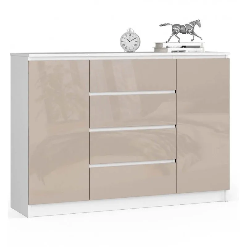 Komoda do sypialni, 4 szuflady, półki, 140x40x99 cm, biel, cappuccino, połysk