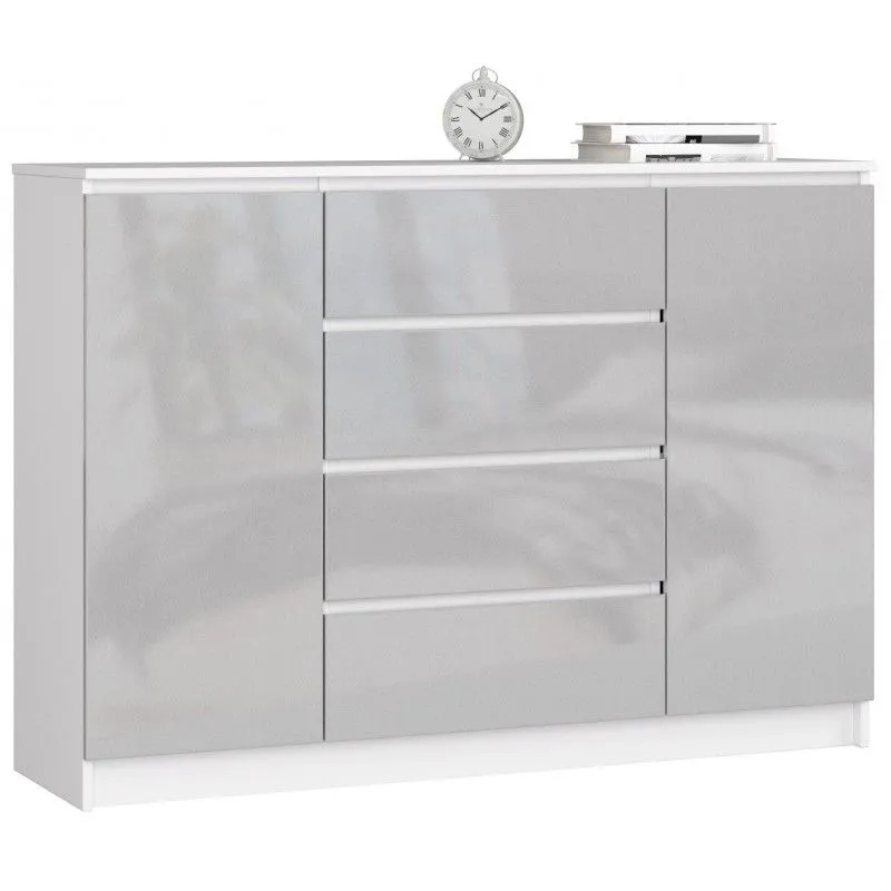 Komoda do sypialni, 4 szuflady, półki, 140x40x99 cm, biel, metalik, połysk