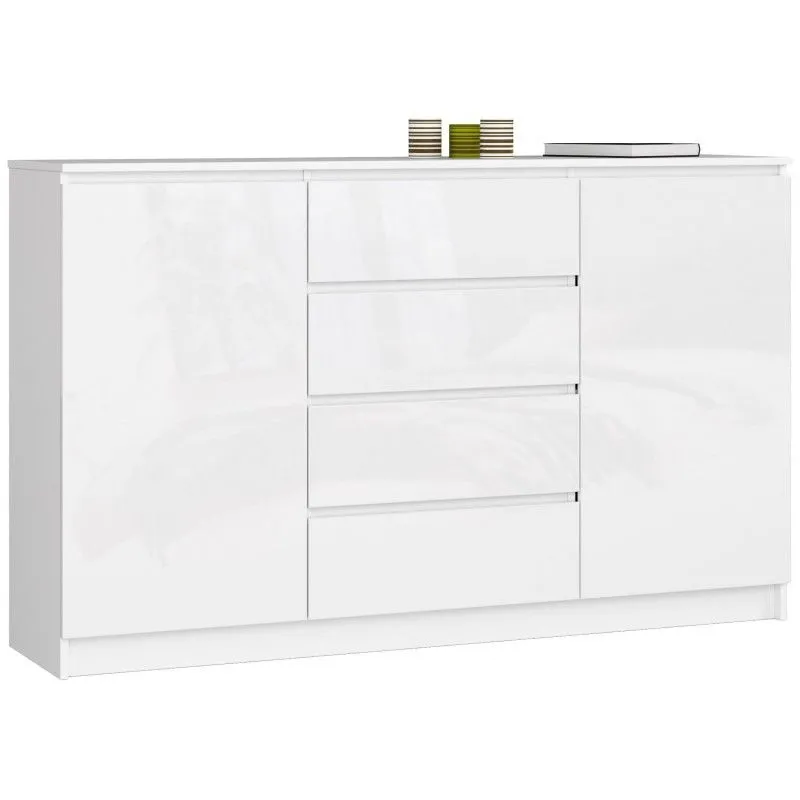 Komoda do sypialni, 4 szuflady, półki, 160x40x99 cm, biel, połysk