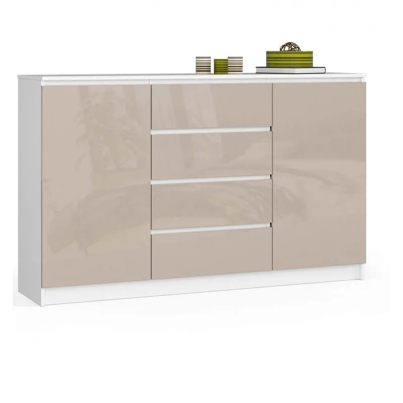 Komoda do sypialni, 4 szuflady, półki, 160x40x99 cm, biel, cappuccino, połysk