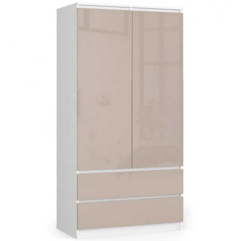 Szafa do sypialni, 2 szuflady, drzwi, 90x51x180 cm, biel, cappuccino, połysk