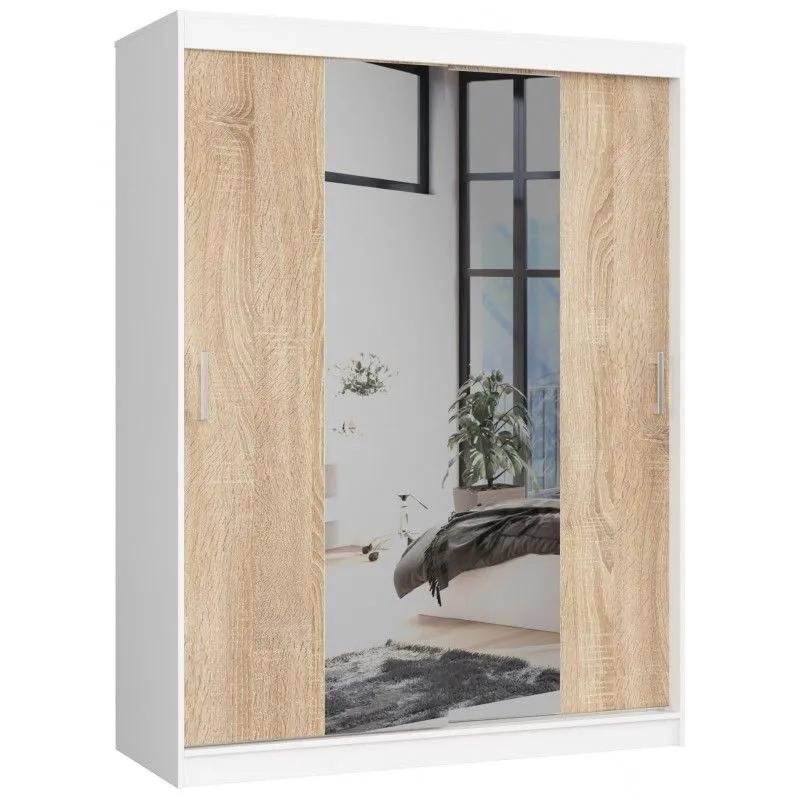 Szafa przesuwna do sypialni, mono, lustro, 150x60x200 cm, biel, dąb sonoma, mat