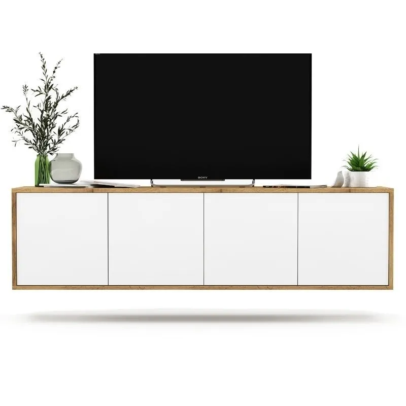 Wisząca szafka RTV, apollo, 150x35x39 cm, dąb wotan, biel, mat