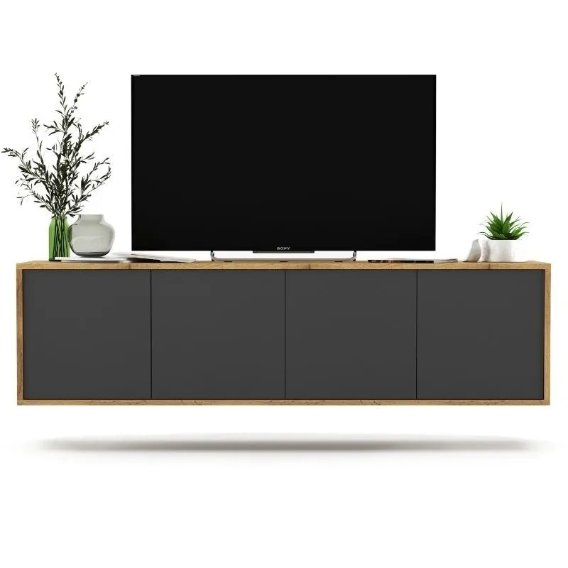 Wisząca szafka RTV, apollo, 150x35x39 cm, dąb wotan, grafit, mat