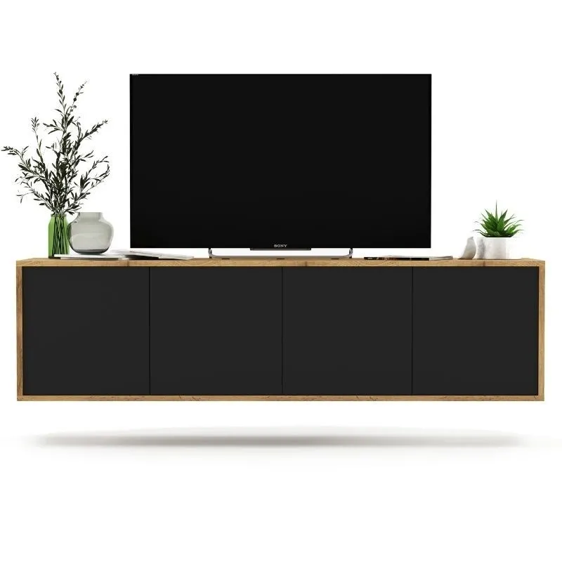 Wisząca szafka RTV, apollo, 150x35x39 cm, dąb wotan, czarny, mat