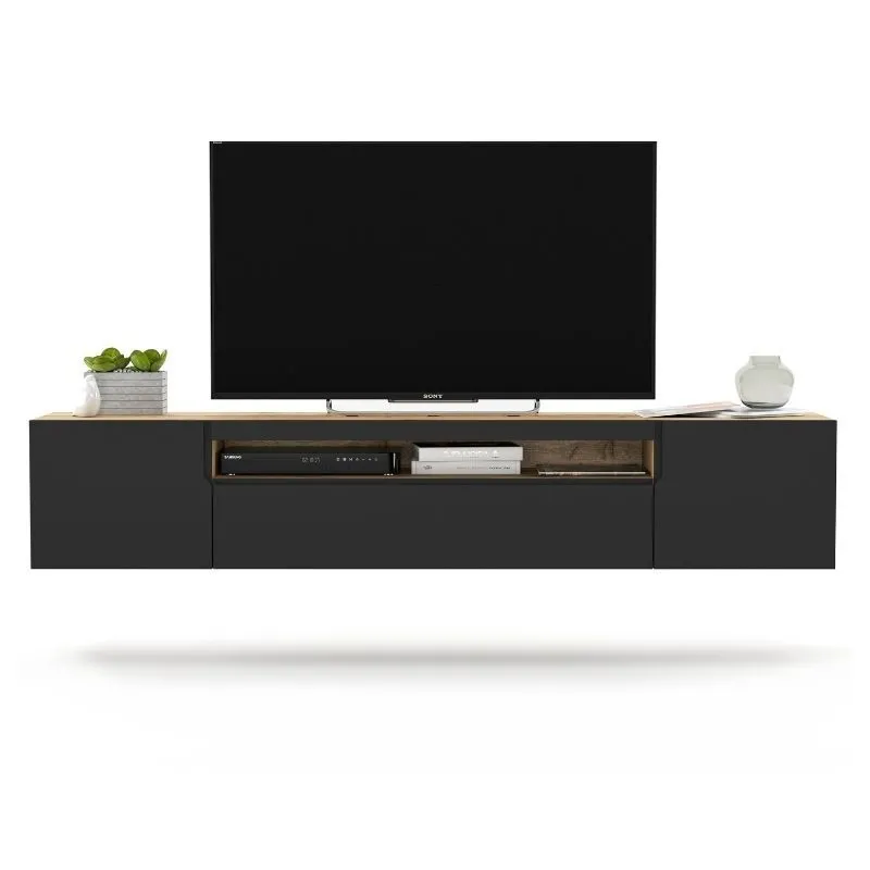 Szafka RTV, wisząca, industrialna, doze, 200x37x37 cm, dąb artisan, czarny, mat