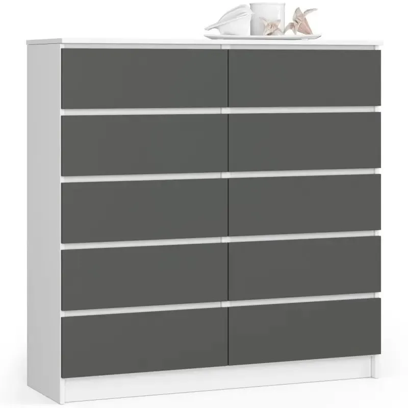 Komoda do salonu, sypialni, 10 szuflad, 120x40x121 cm, biel, grafit szary, mat